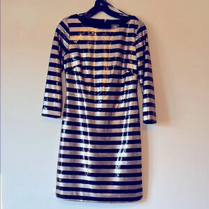 VINCE CAMUTO Black and Silver Striped Sequin Formal Dress